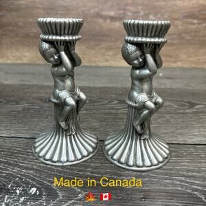 Vintage Cherub Seagull Pewter Design Candle Holder 5” Tall ~Pair
